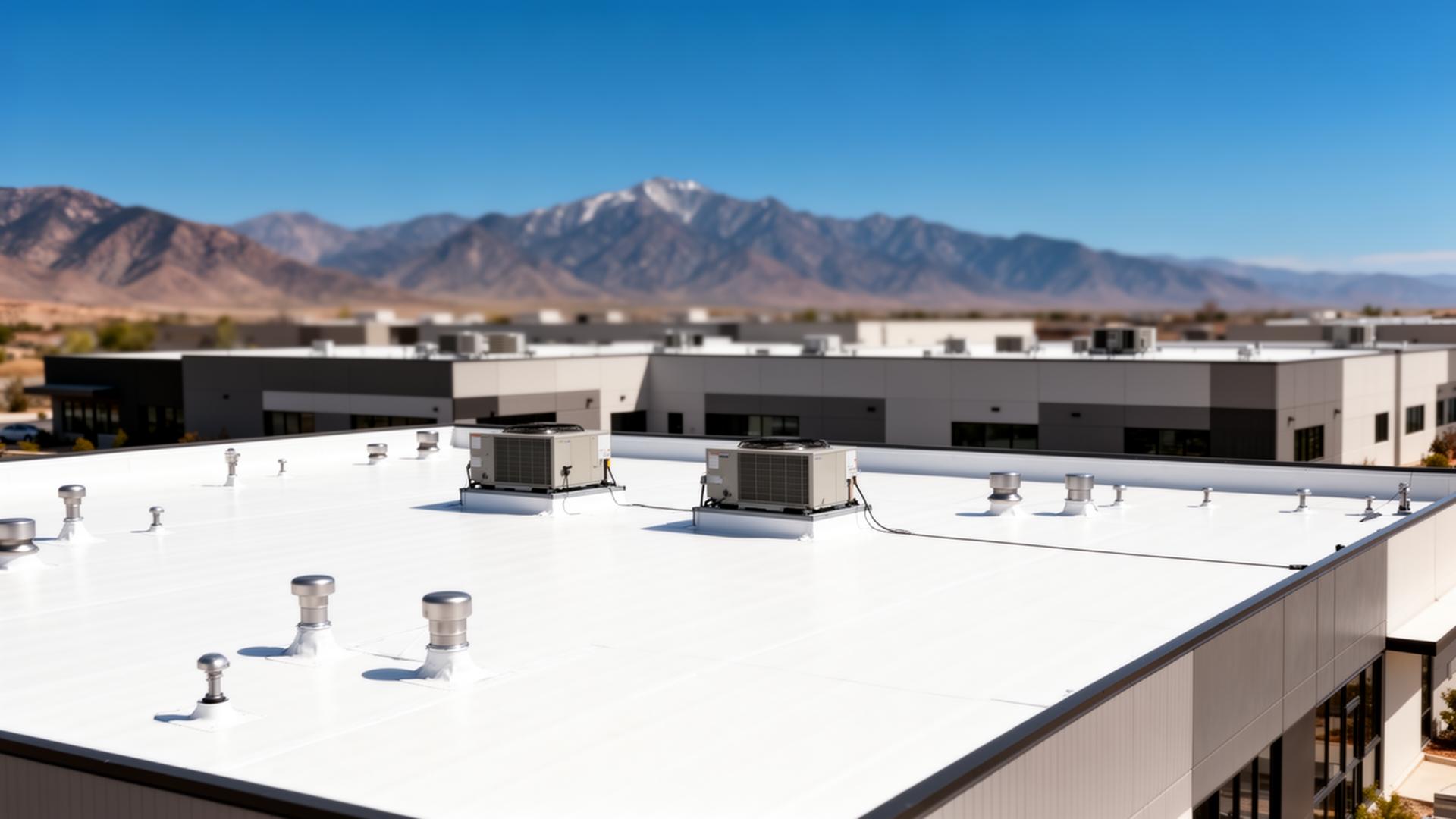 Aerial view of a Utah commercial building with a white TPO flat roof, HVAC units, and Wasatch mountain backdrop