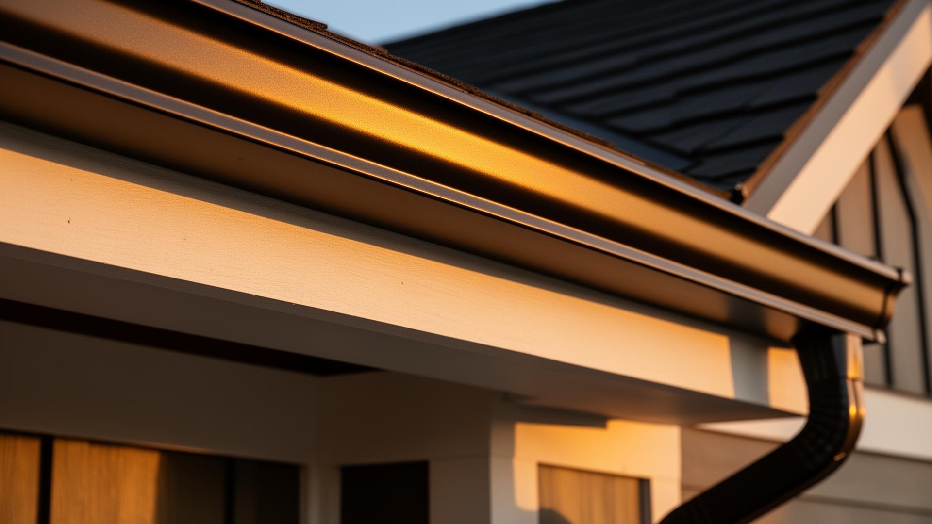Close-up of seamless dark bronze aluminum gutters along a fascia board on a Utah craftsman home at golden hour
