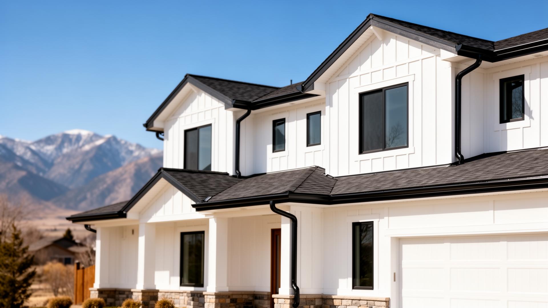 Two-story Utah home with crisp white fascia, soffit, and freshly installed black seamless gutters with mountain backdrop