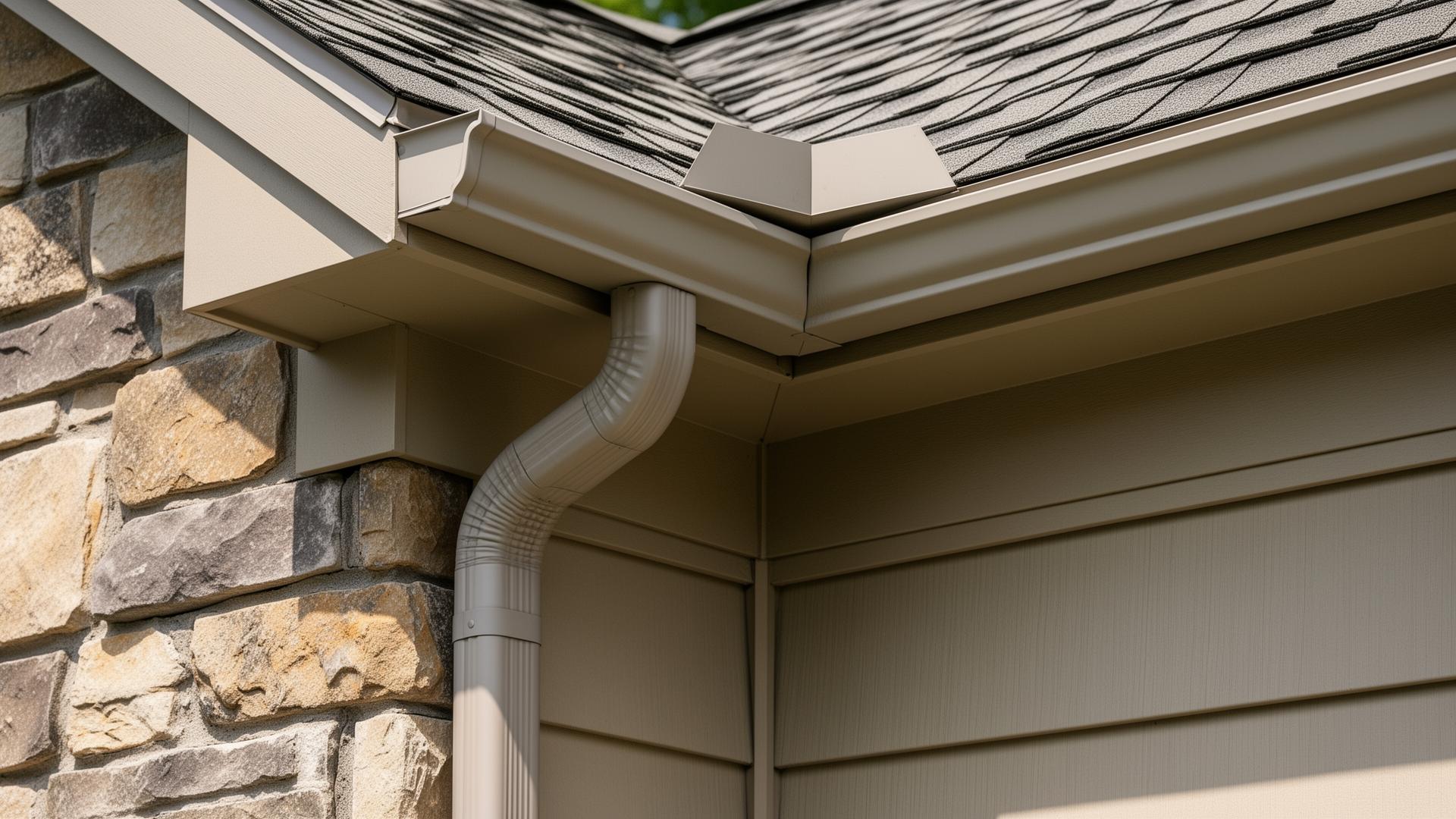 Corner downspout detail showing a clean mitered joint where two seamless gutter runs meet at a fascia corner